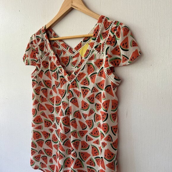 Maeve Watermelon Print Blouse Womens Size 0 V-neck Short Sleeve Top - Picture 2 of 7